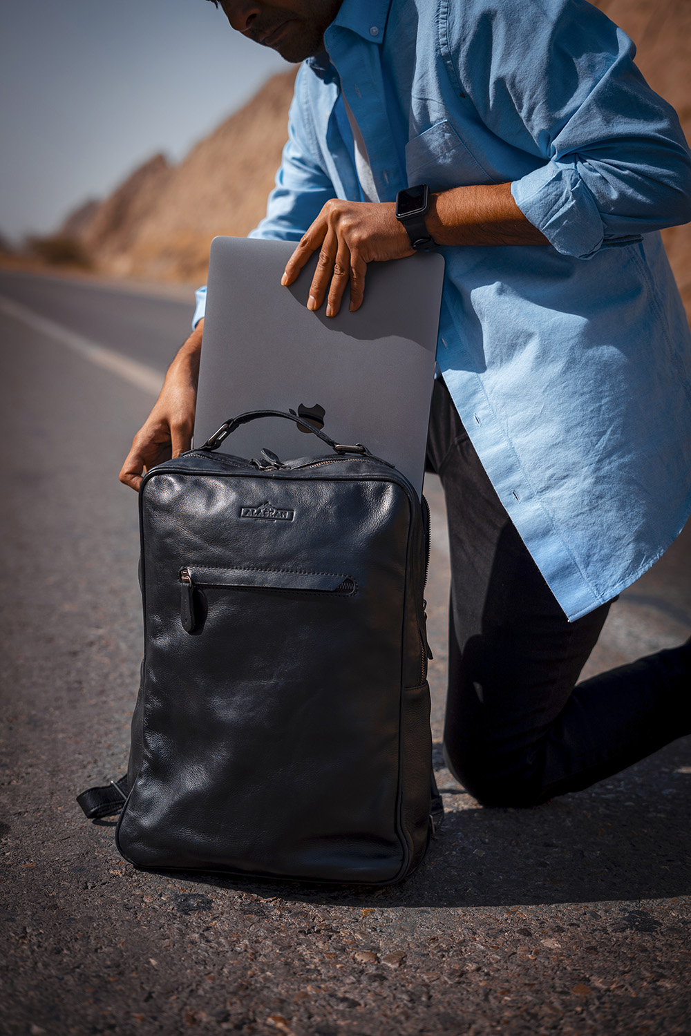 Liam Black Leather Laptop Backpack